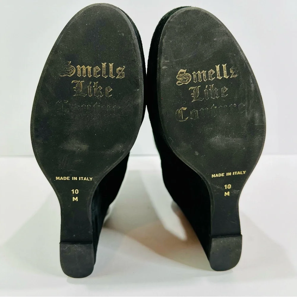 🎀 JUICY COUTURE SEUDE BLACK PLATFORM 4 1/2” WEDGE HEEL WORN ONCE SIZE 10 ITALY - Picture 3 of 7